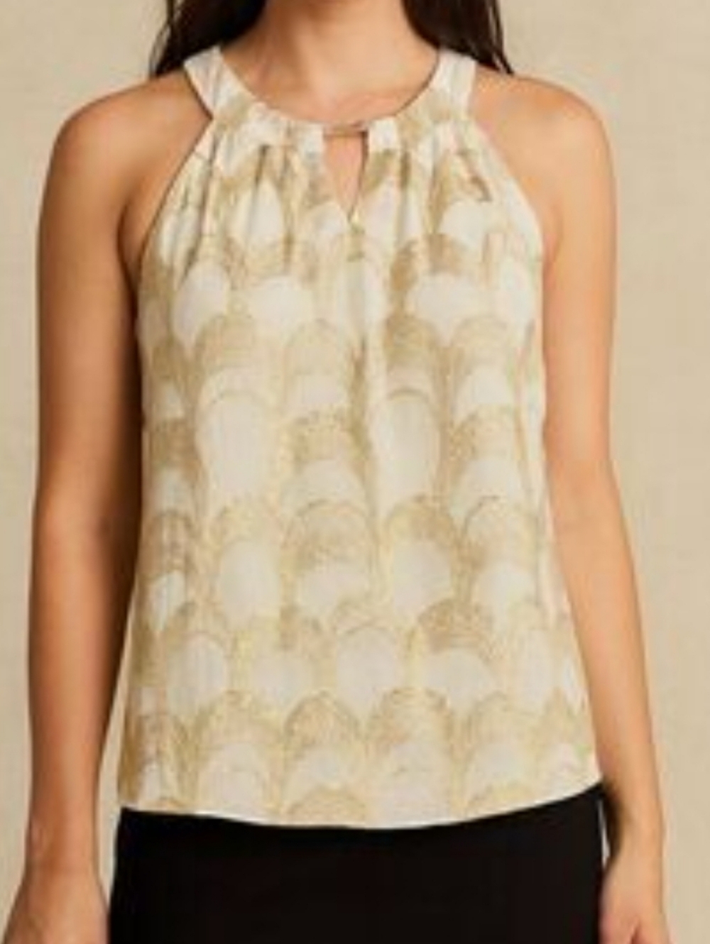 White House Black Market White And Gold Silk Sleeveless Blouse